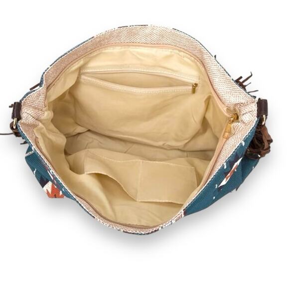 Southwestern Design Fringe Tassel Hobo Shoulder Bag Teal Blue Orange Tan Brown - Picture 6 of 6